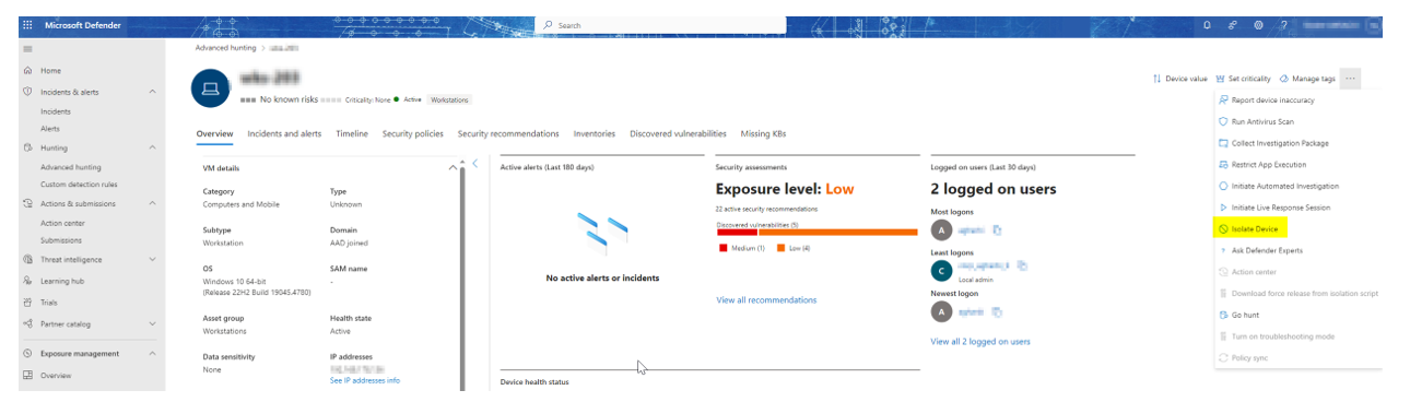 example of how to isolate a device using Defender XDR