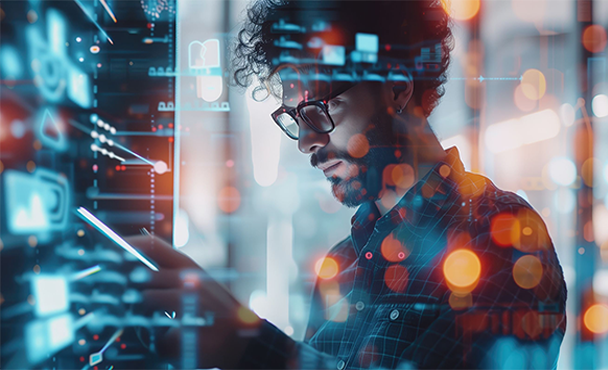 A man in front of a screen