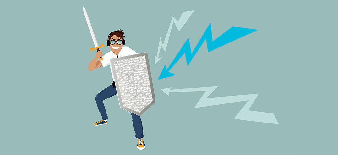 A man who protects himself with a sword and shield.