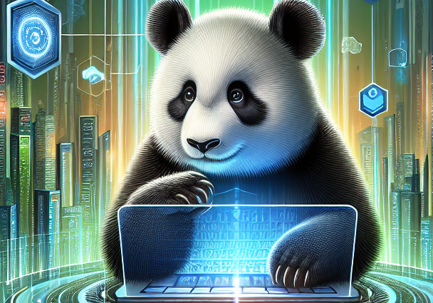 A panda in front of a screen 