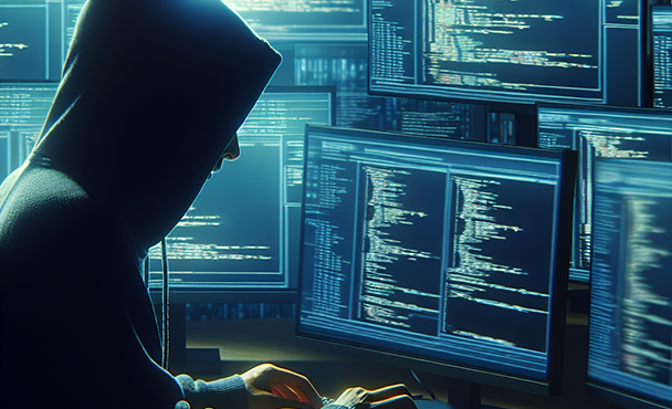 Hacker in front of screens