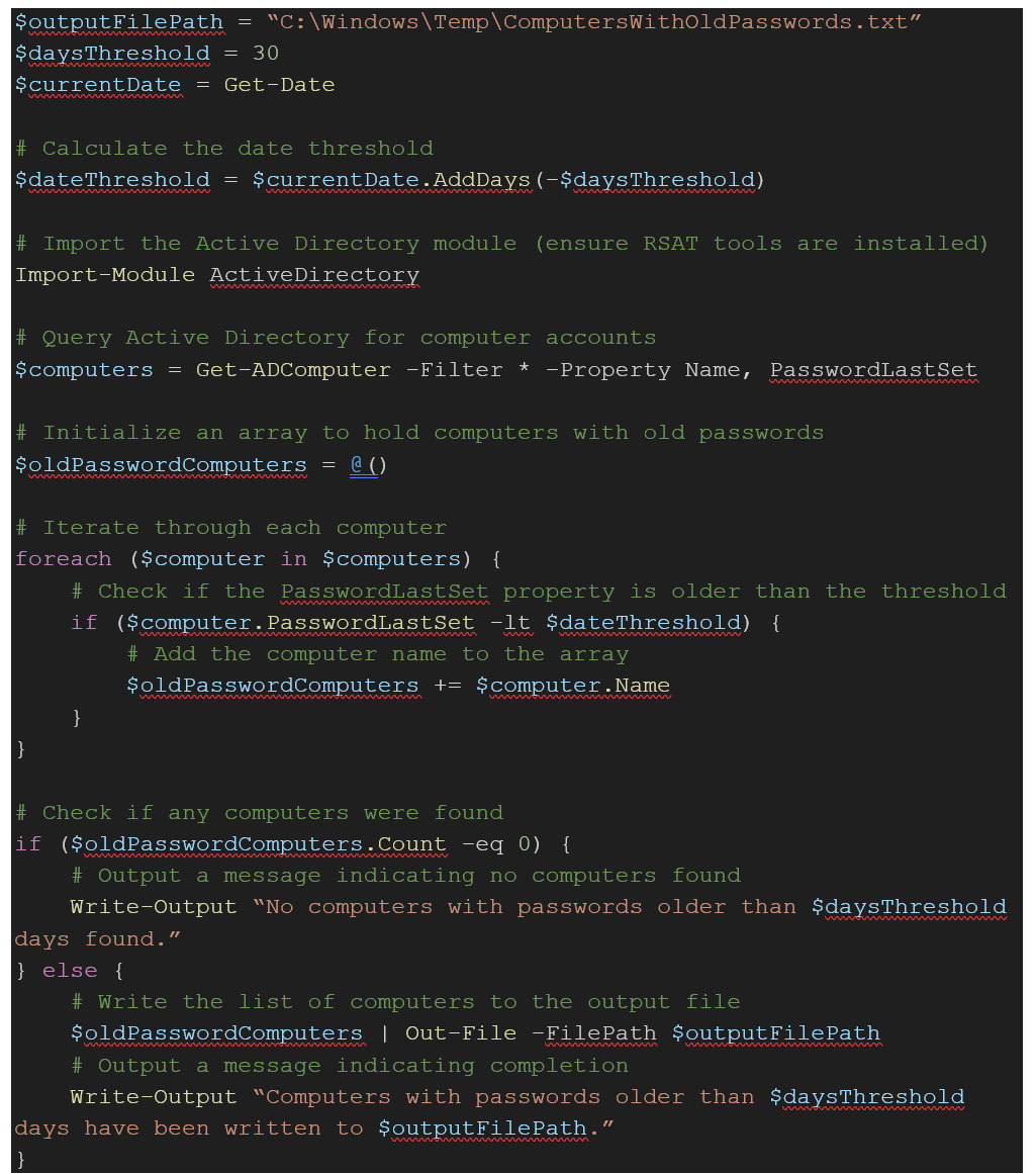 Finding computers with password last set older than 30 days