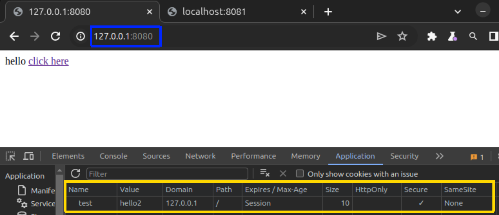 Figure 5: Origin 127.0.0.1:8080 and its cookie