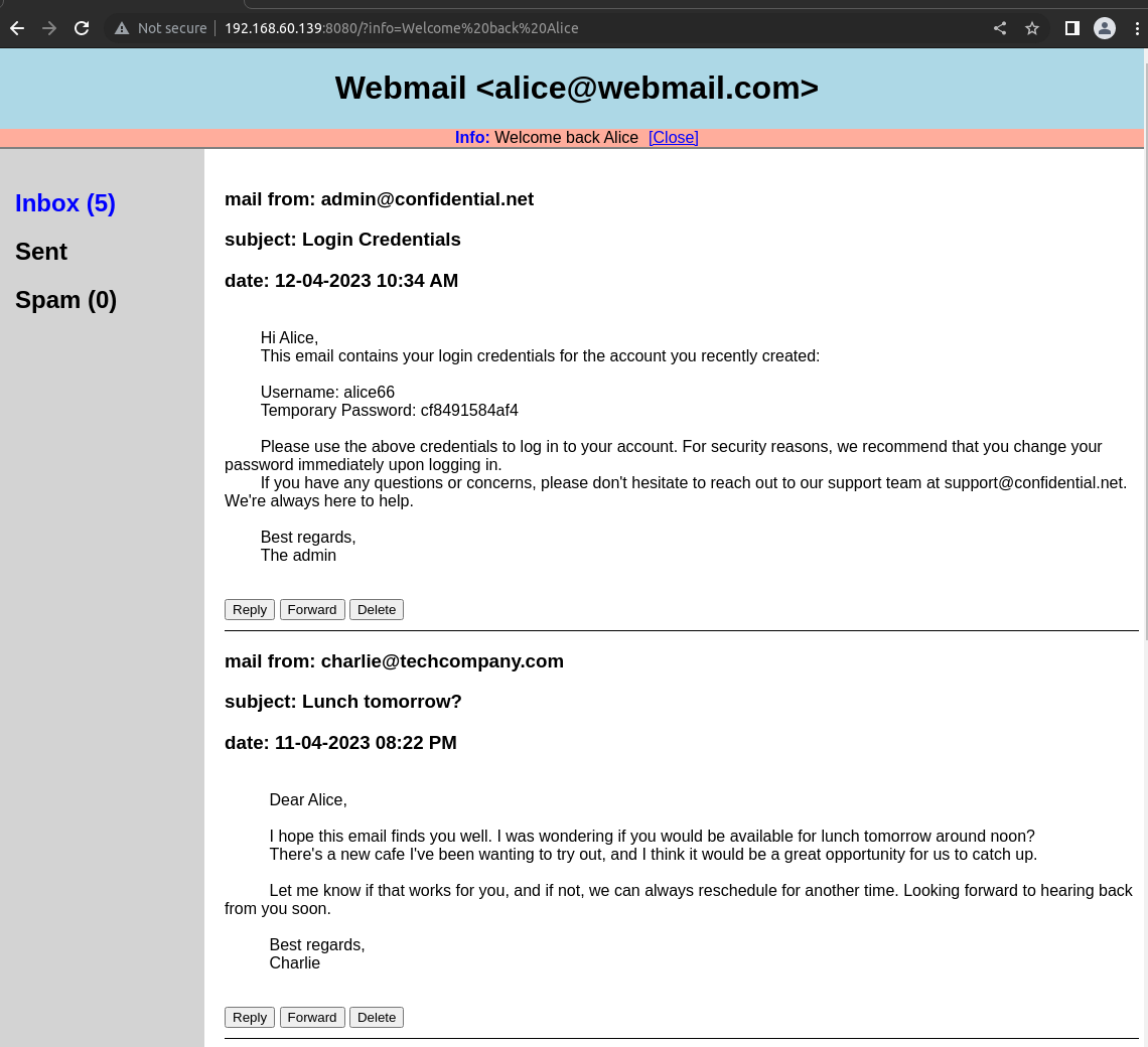 Figure 1: Alice webmail demo vulnerable website